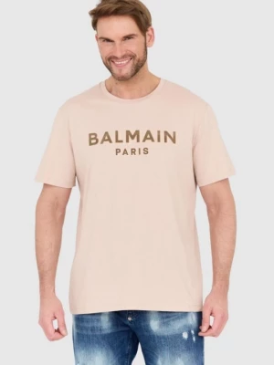 BALMAIN Beżowy t-shirt z aksamitnym logo flock and foil