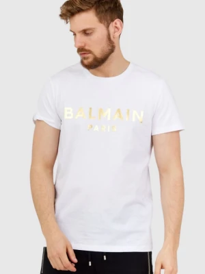 BALMAIN Biały t-shirt męski ze złotym logo, Rozmiar M