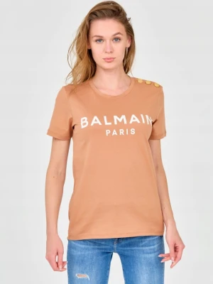 BALMAIN Brązowy damski t-shirt z guzikami, Rozmiar M