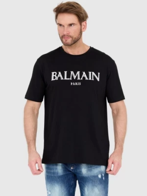 BALMAIN Czarny męski t-shirt z wypukłym gumowym logo