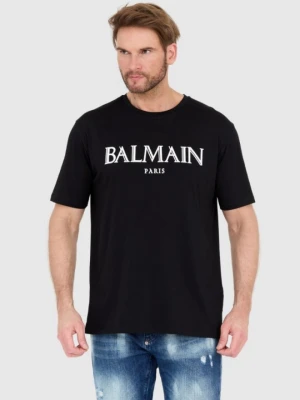 BALMAIN Czarny męski t-shirt z wypukłym gumowym logo, Rozmiar S