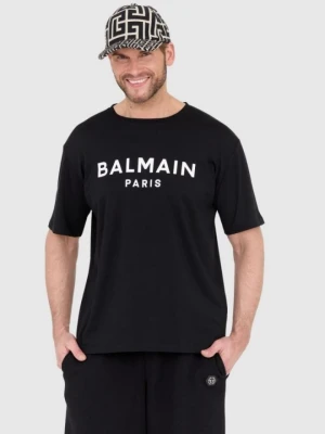 BALMAIN Czarny t-shirt męski z drukowanym białym logo, Rozmiar S