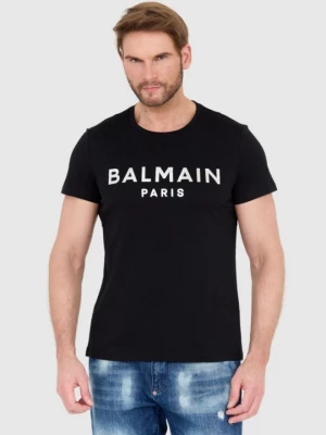 BALMAIN Czarny t-shirt męski ze srebrnym logo