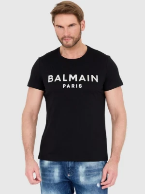 BALMAIN Czarny t-shirt męski ze srebrnym logo, Rozmiar 2XL