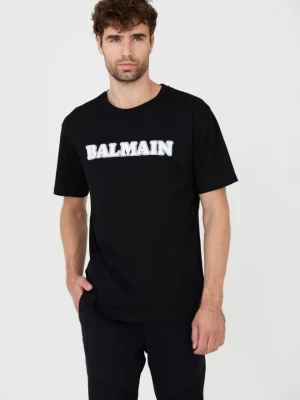 BALMAIN Czarny t-shirt z białym logo Retro Balmain Flock