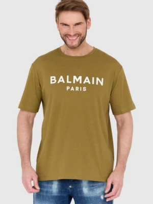 BALMAIN Zielony t-shirt męski z drukowanym białym logo