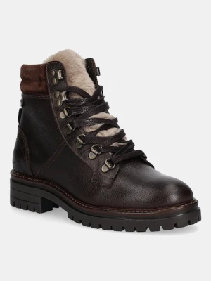 Barbour botki skórzane Bamburgh damskie kolor brązowy na płaskim obcasie ocieplone LFO0770BR96