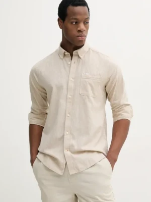 Barbour koszula lniana kolor beżowy slim z kołnierzykiem button-down