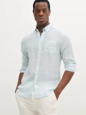 Barbour koszula lniana Linton Tailored Shirt męska kolor niebieski slim z kołnierzykiem button-down MSH5325