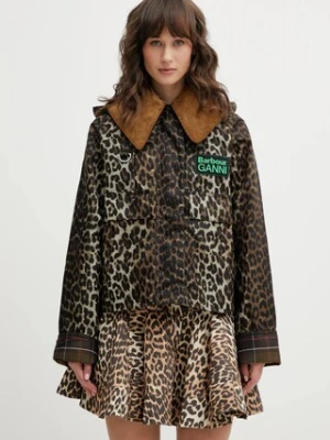 Barbour kurtka bawełniana x Ganni Printed Hooded Wax kolor brązowy przejściowa LWX1529BK11