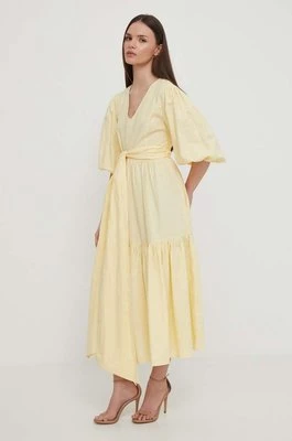 Barbour sukienka lniana Modern Heritage kolor żółty maxi rozkloszowana LDR0770