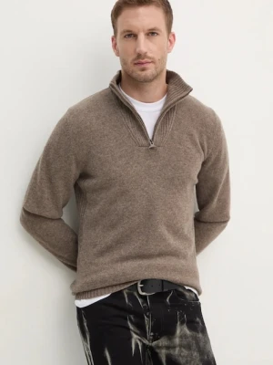 Barbour sweter wełniany męski kolor beżowy lekki z półgolfem