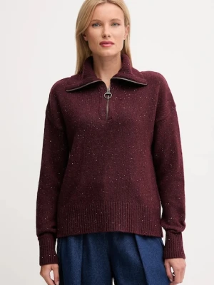 Barbour sweter z wełną damski kolor bordowy z półgolfem LKN1579