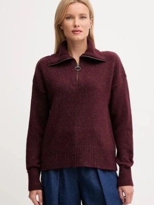 Barbour sweter z wełną damski kolor bordowy z półgolfem LKN1579