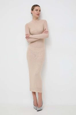 Bardot sukienka kolor beżowy maxi dopasowana