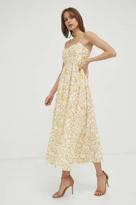 Bardot sukienka kolor beżowy midi rozkloszowana