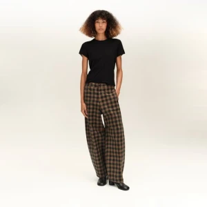 BARREL - Spodnie denim regulowana talia krata czekoladowe BIMBA Y LOLA CHOCOLATE