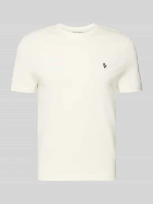 Basic t-shirt o kroju slim fit z flokowym logo na piersi REVIEW
