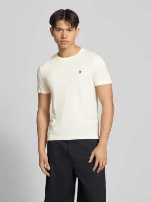 Basic t-shirt o kroju slim fit z flokowym logo na piersi REVIEW