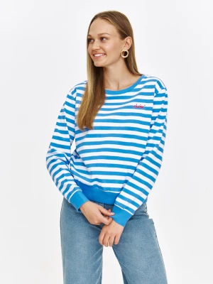 Zdjęcie produktu Basicowa bluza w niebieskie paski z subtelnym napisem TOP SECRET Biały
