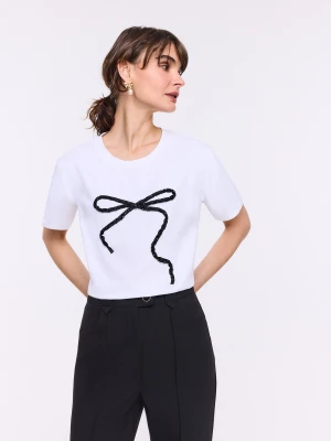Bawełniana biała bluzka z krótkim rękawem i kokardką TARANKO
