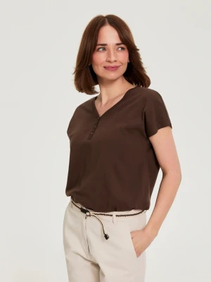 Bawełniana bluzka z dekoltem w serek brązowa Moodo