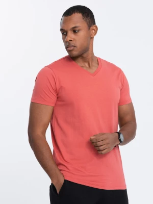 Bawełniana klasyczna męska koszulka z dekoltem w serek BASIC - różowa V12 OM-TSBS-0145
 -                                    L
