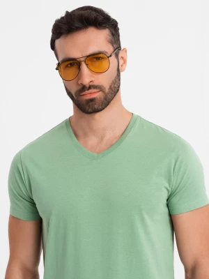 Bawełniana klasyczna męska koszulka z dekoltem w serek BASIC – zielona V11 - Rozmiar: S Ombre Clothing