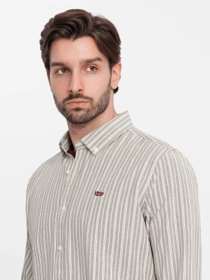 Bawełniana koszula męska REGULAR FIT w drobne paski – beżowa V1 - Rozmiar: XXL Ombre Clothing