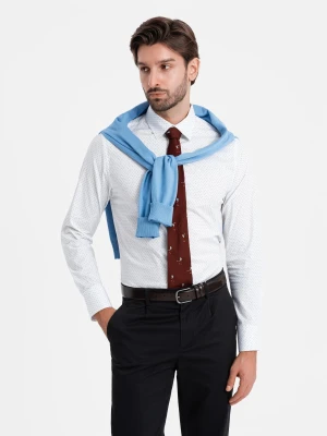 Bawełniana koszula męska w mikro wzór REGULAR FIT - biała V1 - Rozmiar: S Ombre Clothing