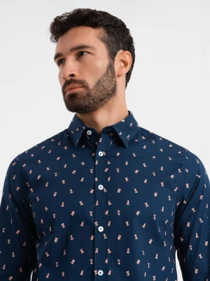 Bawełniana koszula męska we wzory SLIM FIT - atramentowa V3 - Rozmiar: L Ombre Clothing