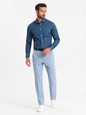 Bawełniana koszula męska we wzory SLIM FIT - niebieska V4 - Rozmiar: S Ombre Clothing