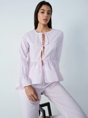 Bawełniana koszula od piżamy w paski z kokardkami, długi rękaw Etam