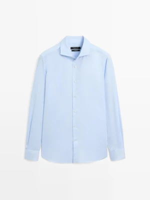 Bawełniana Koszula Slim Ze Wzmocnionym Mankietem - Wyblak?Y Niebieski - Massimo Dutti - Male