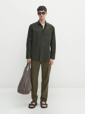 Bawełniana Koszula Z Diagonalu W Paski O Kroju Slim - Khaki - - Massimo Dutti - Mężczyzna