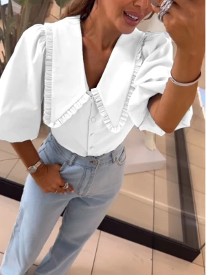 Bawełniana koszula z dużym kołnierzem NAVIA - biała  magmac 