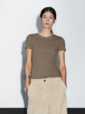 Bawełniana Koszulka O Fakturze Z Efektem Krepy - Szarobrązowy - - Massimo Dutti - Female