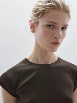 Bawełniana Koszulka O Kroju Slim Fit Z Rękawem Raglanowym - Brązowy - - Massimo Dutti - Kobieta