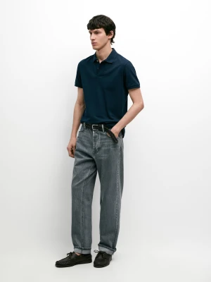 Koszulka Polo Z Bawełnianej Piki O Drobnej Fakturze - Niebieski - - Massimo Dutti - Mężczyzna