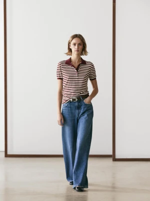 Bawełniana Koszulka Polo W Paski - Bordowy - - Massimo Dutti - Kobieta