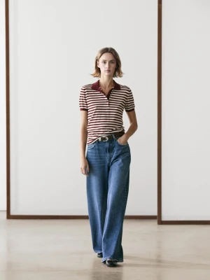 Bawełniana Koszulka Polo W Paski - Bordowy - - Massimo Dutti - Kobieta