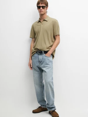 Bawełniana Koszulka Polo Z Dekoltem W Serek - Zieleń Mchu - Massimo Dutti - Male