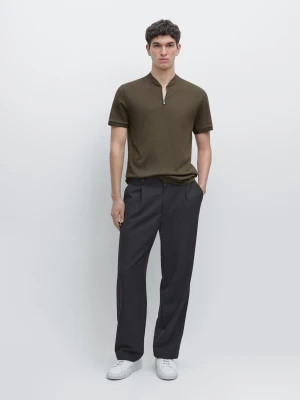 Bawełniana Koszulka Polo Z Krótkim Suwakiem - Khaki - - Massimo Dutti - Mężczyzna