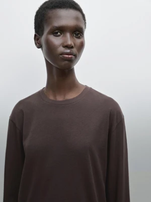 Bawełniana Koszulka Slim Z Długim Rękawem - Brązowy - - Massimo Dutti - Kobieta
