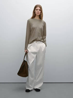 Bawełniana Koszulka Slim Z Długim Rękawem - Jansy Khaki - - Massimo Dutti - Kobieta