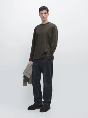 Bawełniana Koszulka Średniej Grubości Z Długim Rękawem - Khaki - - Massimo Dutti - Mężczyzna