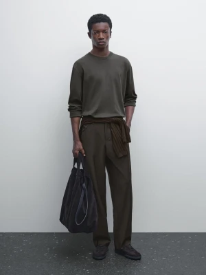 Bawełniana Koszulka Średniej Wagi Z Długim Rękawem - Khaki - - Massimo Dutti - Mężczyzna