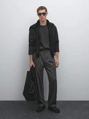 Bawełniana Koszulka Średniej Wagi Z Długim Rękawem - Szary Antracytowy - - Massimo Dutti - Mężczyzna