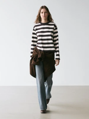 Bawełniana Koszulka W Paski Z Długim Rękawem - Brązowy - - Massimo Dutti - Kobieta