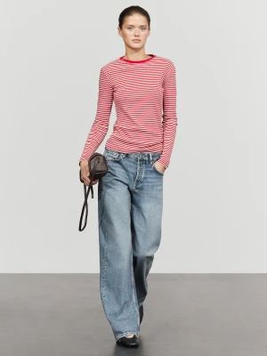 Bawełniana Koszulka W Paski Z Długim Rękawem - Czerwony - Massimo Dutti - Female